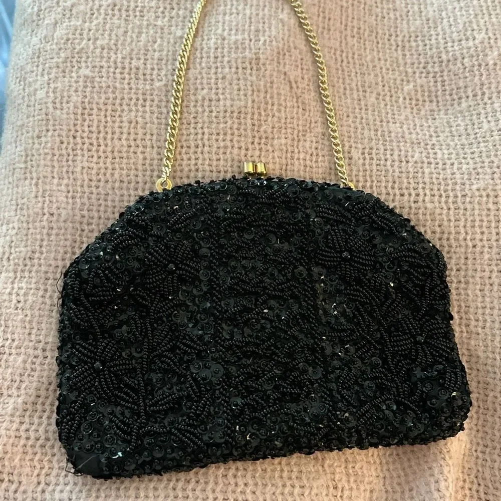 Vintage Black Beaded Evening‎ Bag with Gold Chain.